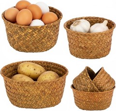 3 Set Small Seagrass Woven Storage Baskets, Natural Woven Round Basket Bin for