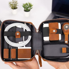 Genuine Leather Portable Electronic Organizer Travel Cable Storage Bag Cord Case