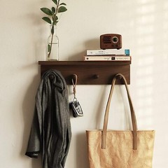 Walnut Color Wall-Mounted Wooden Entrance Coat Rack with Hooks and Shelf Rustic