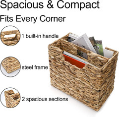 Natural Water Hyacinth Magazine Basket with Handle – 2 Compartment Organizer