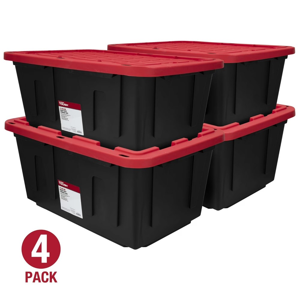 (Pack of 4) Hyper Tough 27 Gallon Large Storage Bin with Snap Lid, Black and Red