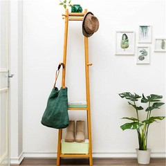 Bamboo Clothes Rail Stand Coat Rack with 2 Ladder Shelves w/Hooks Hallway Sturdy