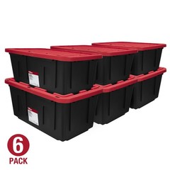 6 Pack Hyper Tough 27 Gallon Storage Bin Black Red Snap Lid Heavy Duty Tote