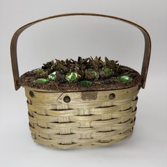 Vintage Jolles Original Woven Basket Gem Flowers Wood Handle