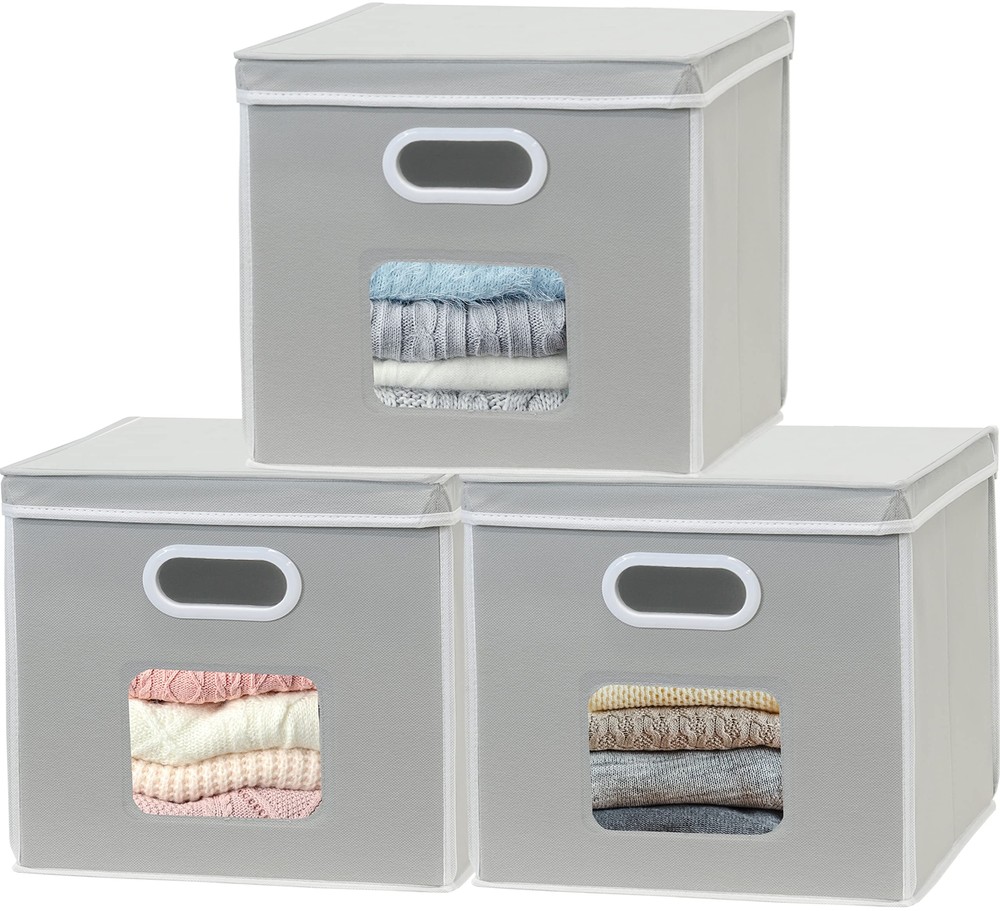 Re 3pack 12inch Clear Window Cube Storage Bin With Lid Grey