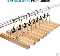 High-Grade Wooden Pants Hangers with Clips Non Slip Slack Skirt Hangers, 10 Pack