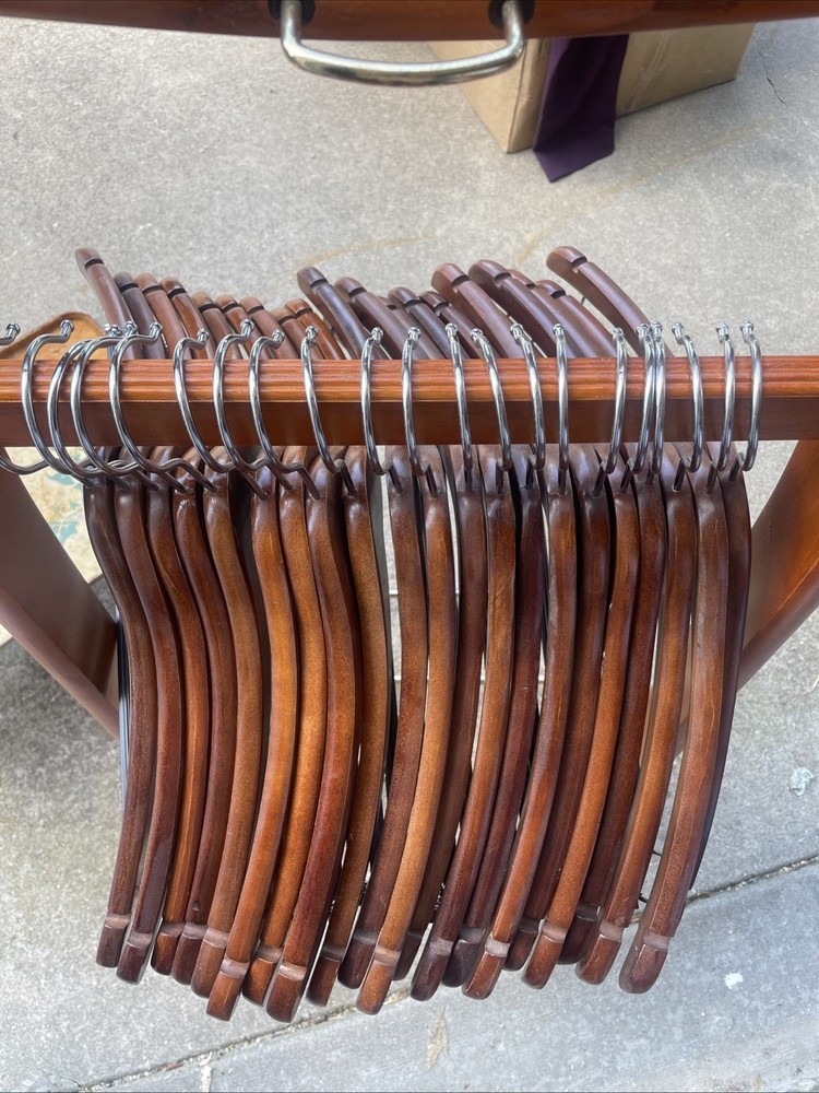 Wooden Suit Hanger Lot Of 21 Dark Cherry Wood Trouser Rod Swivel Hook