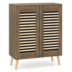 Shoe Cabinet w/2 Louvered Doors&3 Removable Shelves,5-Tier Narrow Cabinet Walnut