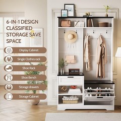 Hall Tree with Bench and Shoe Storage 6-in-1 Entryway Coat Rack with Flip