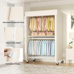 White Clothing Rack with Beige Cover, P1C Plus Rolling Closet with Wheels, Metal