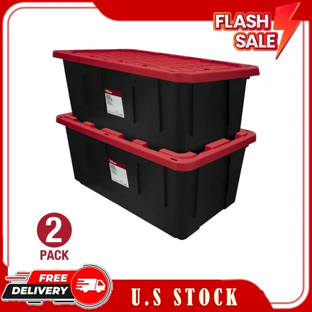 New 2 Pack Hyper Tough 40 Gallon Heavy Duty Storage Bin with Snap Lid Black Red