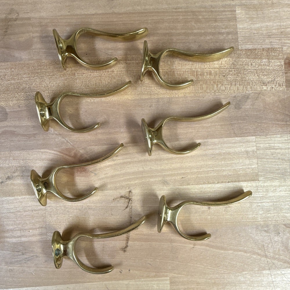 Lot of 6 Gold Polished Metal Traditional Wall Mounted Double Coat Hooks 4 in