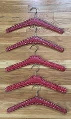 5 Vintage Red Brass Studded Faux Leather Coat Clothes Jacket Hangers Mid Century