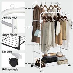 Double Rod Metal Clothing Garment Rack on Wheel Heavy Duty Portable Closets