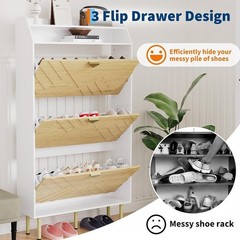 MODERN SHOE CABINET ORGANIZER WITH 3 FLIP DRAWERS ADJUSTABLE SHELVES SIDE HOOKS