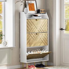 MODERN SHOE CABINET ORGANIZER WITH 3 FLIP DRAWERS ADJUSTABLE SHELVES SIDE HOOKS