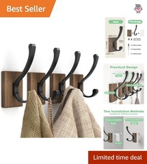 Heavy Duty Wall Hooks – 4 Pack Natural Wood Hooks for Coats and Towels