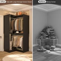 32″ Wide Wood Corner Closet Organizer System with 2 Hanging Rod & Storage Shelve