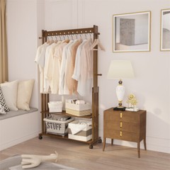 XL Movable Solid Wood Clothes Rack Clothing Rack with Shelf & Hook Garment Stand