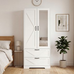 Farmhouse Wooden Closet Organizer Mirror Wardrobe with Drawers and Hanging Rods