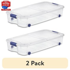 (2 pack) Sterilite 66 Quart Latching Underbed Wheeled Storage Bin, Clear Plastic