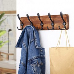 Brown Pine Wood Wall Mounted Coat Rack 5Hooks for Coats Jackets Clothes Hats Key