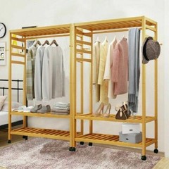 Bamboo Clothes Rail Scarf Cart Hanging Garment Coat Rack w 3 Tier Storage Shelf
