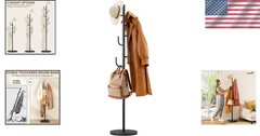 Heavy Duty Coat Rack Freestanding 6 Hook Clothes Tree with Wooden Base Black