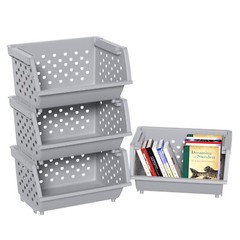 Idotry 3/4-Pack Stackable Storage Bins for Pantry Plastic Organizing Basket Gray