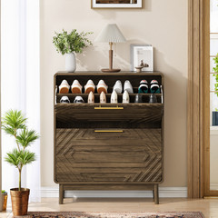 Entryway Shoe Cabinet 31.5″ Walnut Shoe Storage with Doors ,2 Flip-Top Drawer