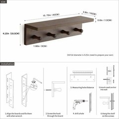Walnut Color Wall-Mounted Wooden Entrance Coat Rack with Hooks and Shelf Rustic
