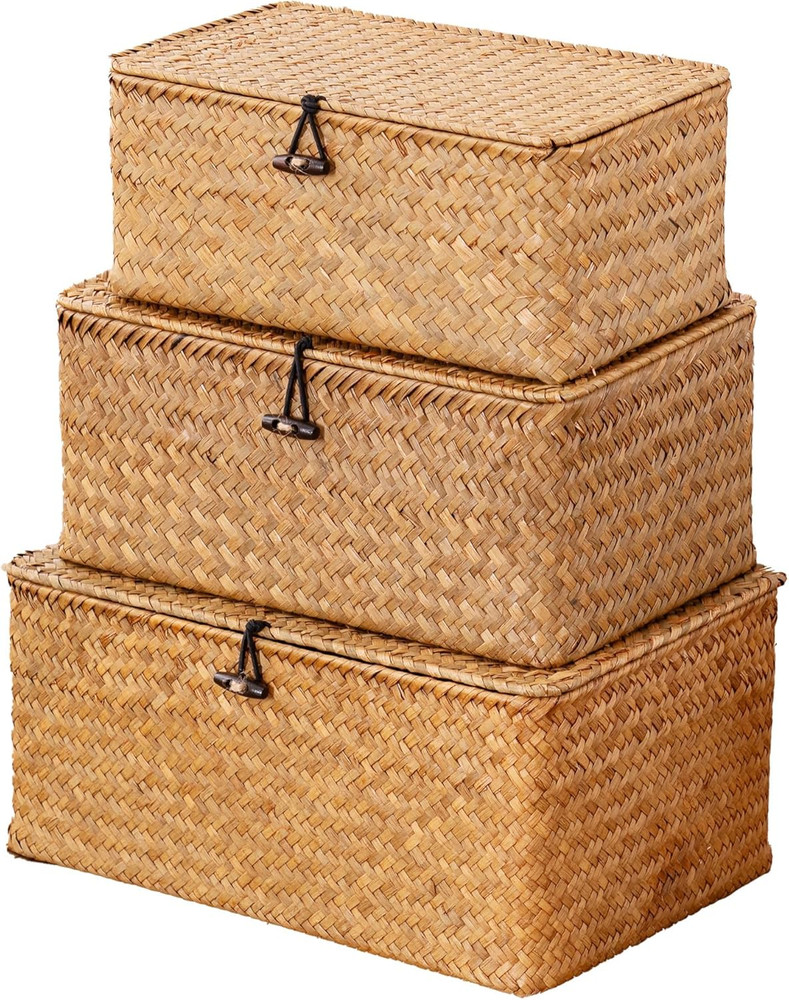 Set of 3 Natural Seagrass Storage Baskets with Lid for Home Organization