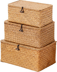 Set of 3 Natural Seagrass Storage Baskets with Lid for Home Organization
