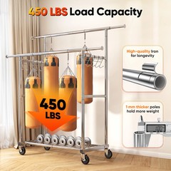 HOKEEPER 450lbs Heavy Duty Double Rails Clothes Rack with Shelves Wheels Silver