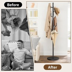 Heavy Duty Coat Rack Freestanding 6 Hook Clothes Tree with Wooden Base Black