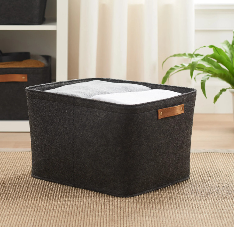 Large Gray Felt Decorative Storage Basket, 16.5 in x 14 in x 11 in