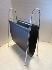 Vintage MAGAZINE RACK SLING DESIGN Faux Leather Atomic feet 17.75” T 1990s