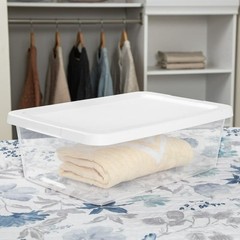 (4) 12 Quart Storage Boxes, Clear Plastic Storage Bin with Snap-On Lid, White