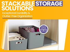 Stackable Grey Plastic Storage Bin with Lid for Home & Office Organization