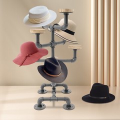 4 Tiers Industrial Hat Display Stand Hat Holder Rack with 8 Round Hangers Black