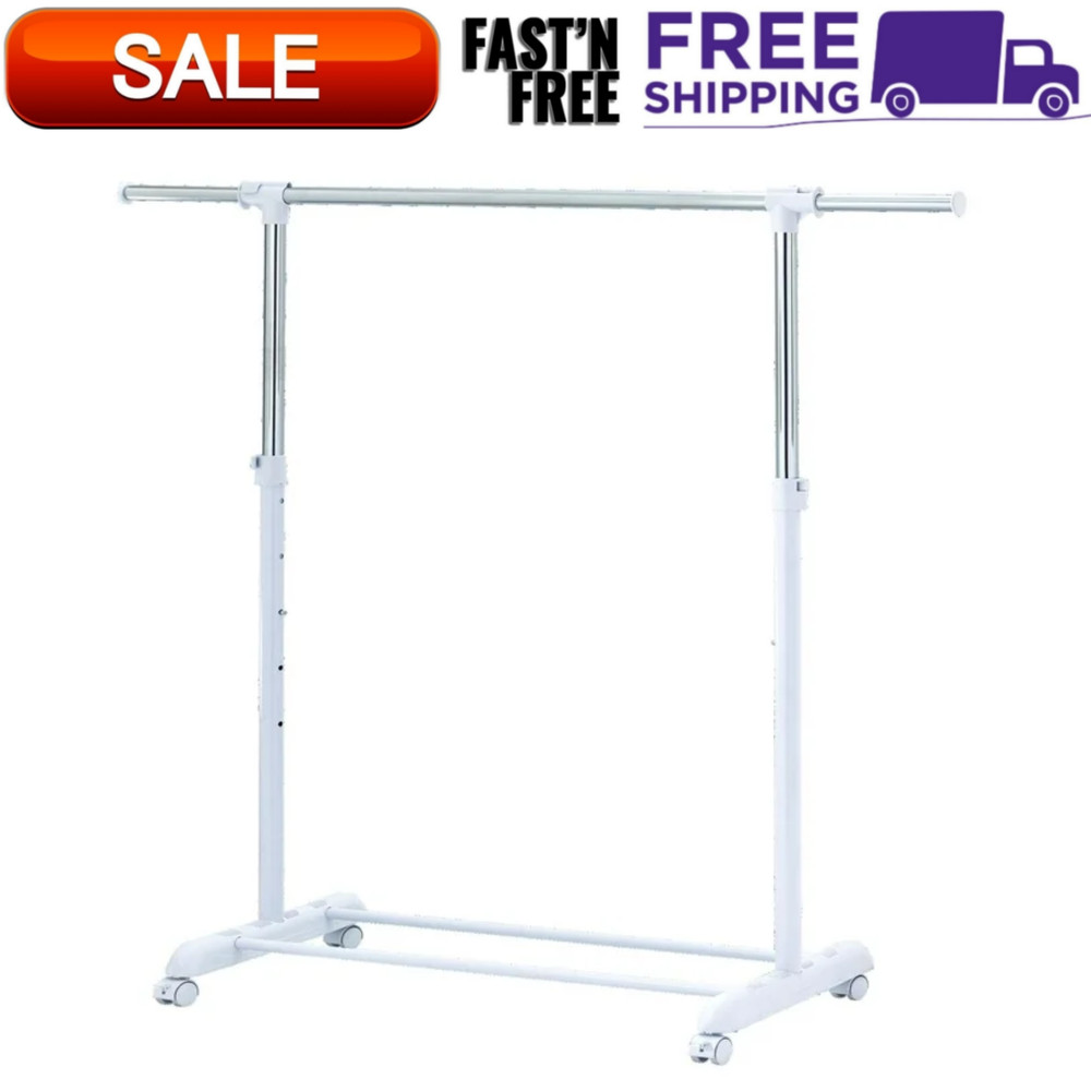 Adjustable Rolling Garment Rack Metal Chrome, White, 47.64W x 17.32D x 64.17H