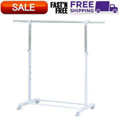 Adjustable Rolling Garment Rack Metal Chrome, White, 47.64W x 17.32D x 64.17H