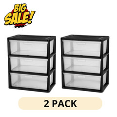 2 Pack Sterilite Wide 3 Drawer Tower Black Plastic Storage Organizer Cart Unit