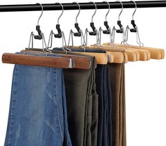 12 Pack Wooden Pants Hangers with Clips Non Slip Skirt Hangers Walnut Trouser Cl
