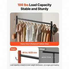 42 In Rolling Clothes Rack 198lb Carbon Steel Hanging Rod Side Hooks Wheels