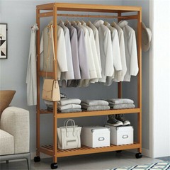 Freestanding Bamboo Clothes Rail Shelf Rolling Garment Closet Organizer Stand