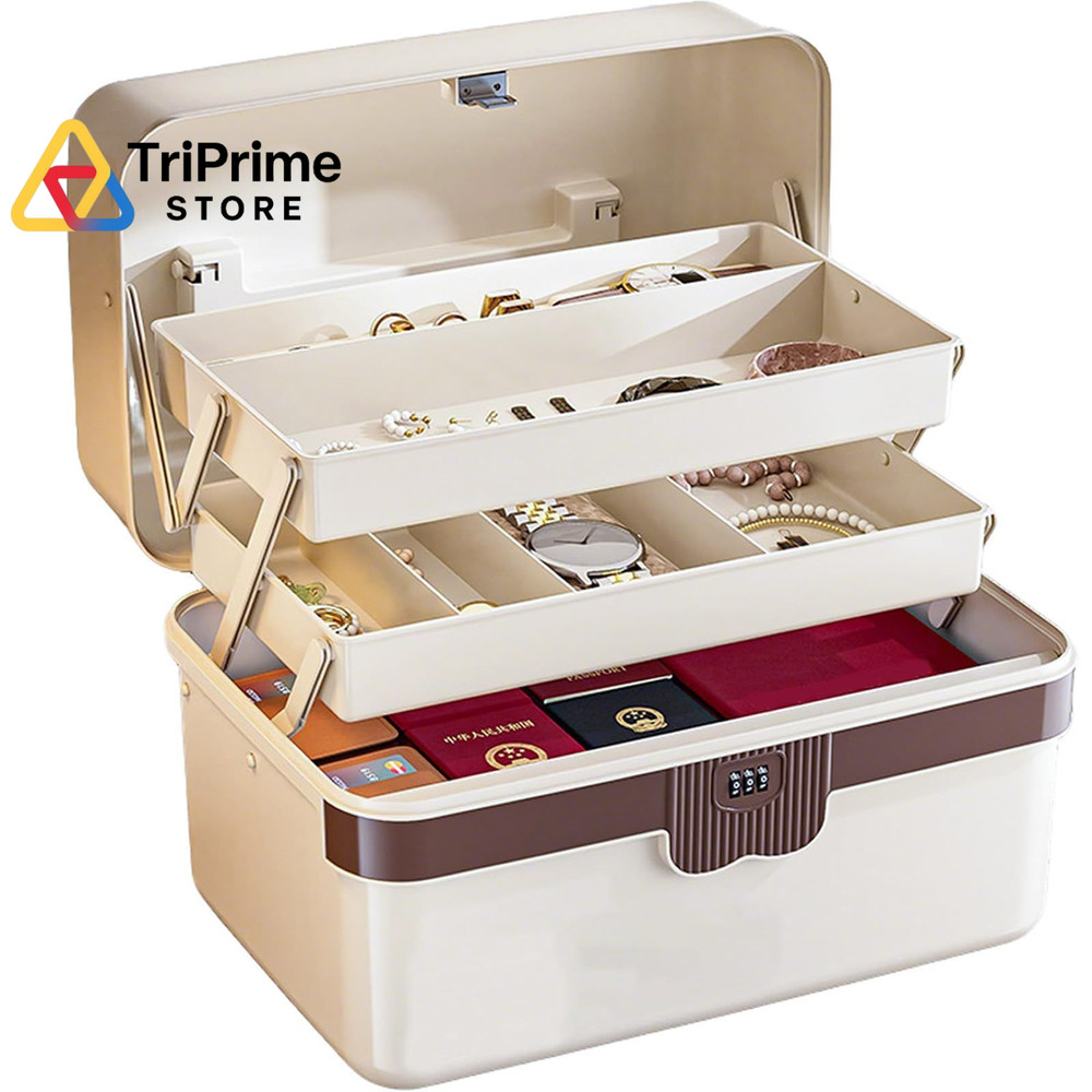 3-Layer Plastic Tackle Lock Box Organizers 11 x 7 x 6 inches, Beige White