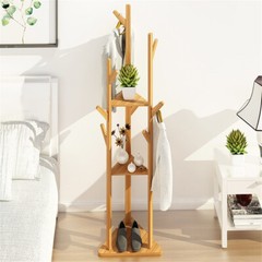 Solid Bamboo Hall Tree 10 Hook Clothes Coat Rack 3Tier Corner Home Garment Shelf