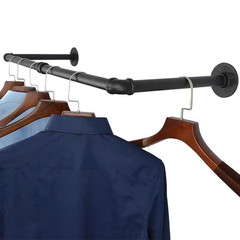 2pcs Wall Mount Pipe Clothes Rack Heavy Duty Black Garment Hanging Bar 4pcs Hook