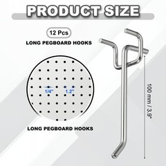 12 Pcs Pegboard Hooks, 3.9″ Peg Board Hooks Kit, Silver Tone (1.2mm)